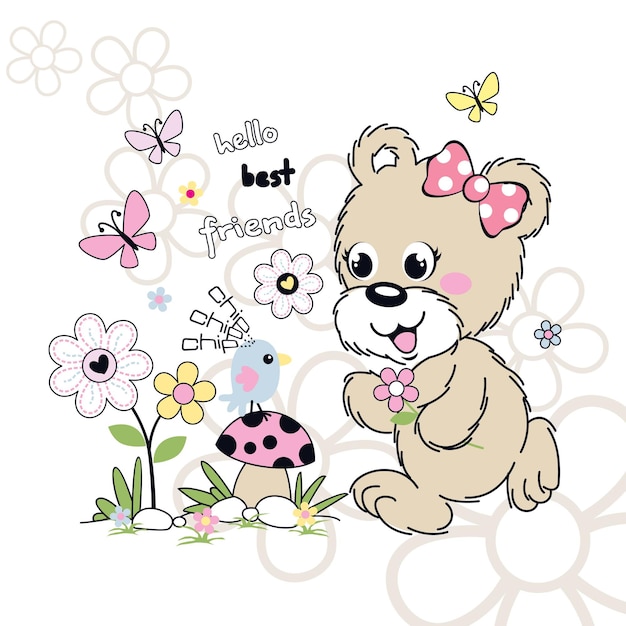 cute bear with beautiful flower vector cartoon illustration