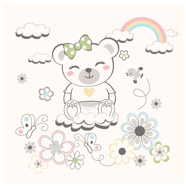 Cute bear with beautiful flower vector cartoon illustration