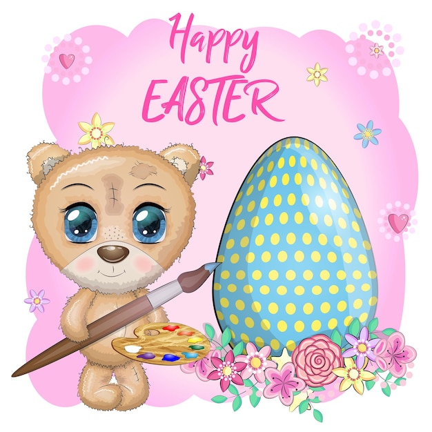 Cute bear with a brush and an ornate egg phrase Happy Easter Easter eggs branches with leaves flowers