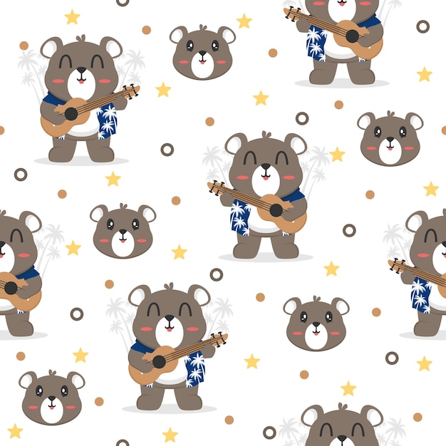 Cute bear with guitar cartoon trendy pattern background concepts.