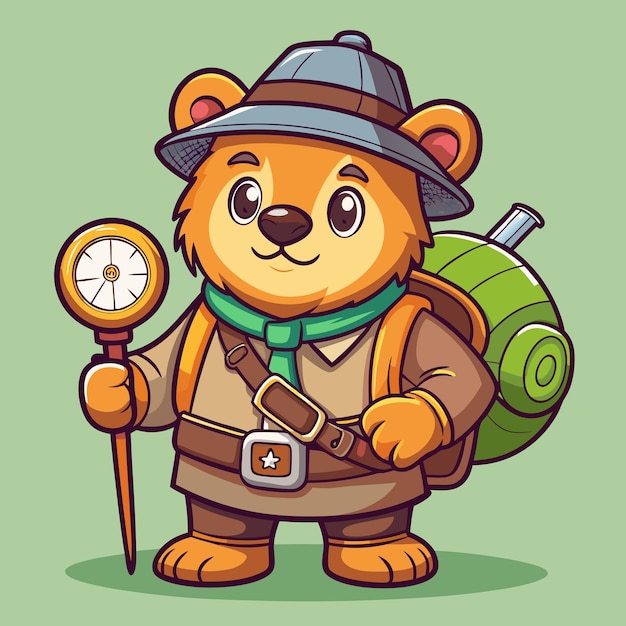 Cute Bear with Happy Face and Compass Cartoon Vector Illustration