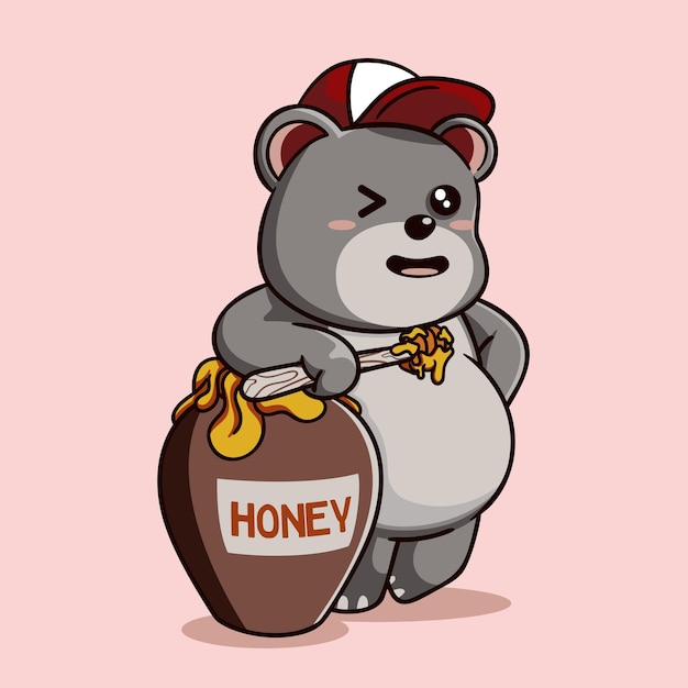 Cute bear with a pot of honey Vector cartoon illustration