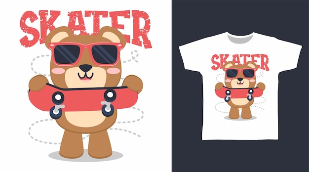 Cute bear with skateboard cartoon tshirt art design