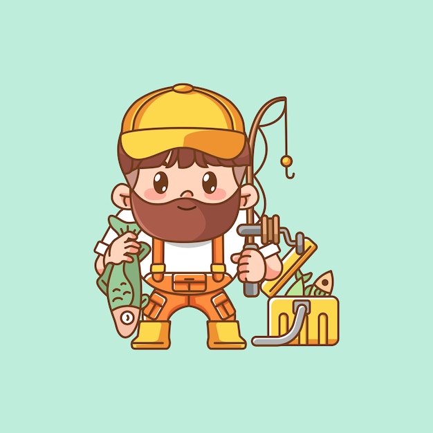 Cute beard fisher fishing kawaii chibi character mascot illustration outline style design