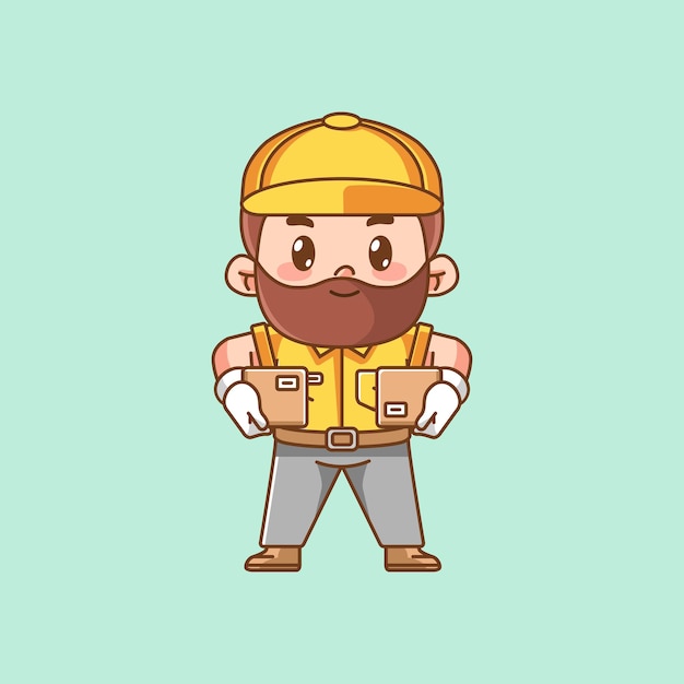 Cute beard male courier package delivery kawaii chibi character mascot illustration outline style