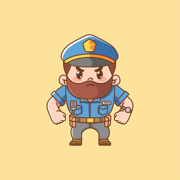 Cute beard police officer uniform kawaii chibi character mascot illustration outline style design