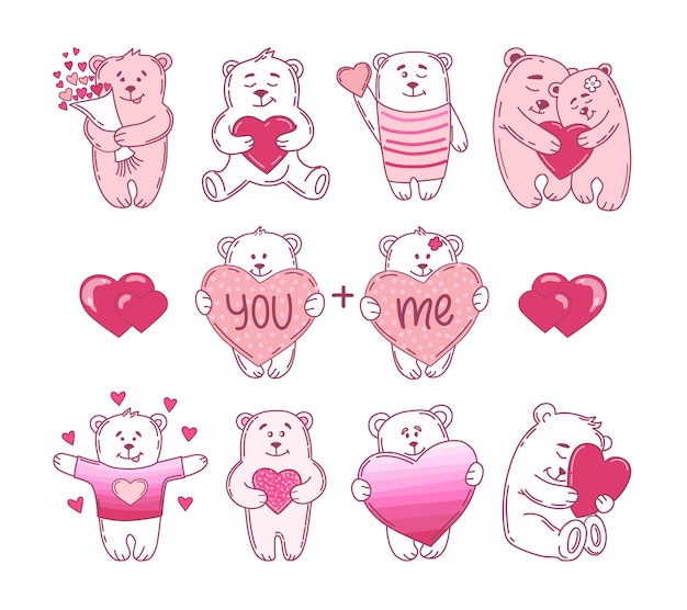 Cute bears with hearts Valentine's day set.  illustration.