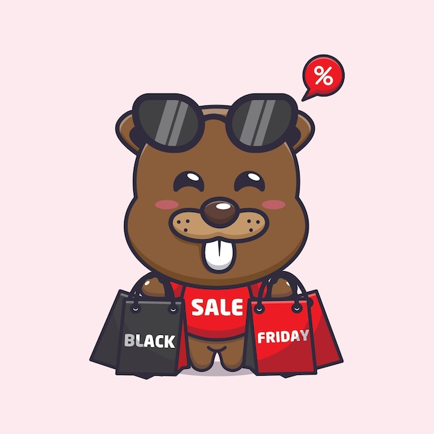 Cute beaver in black friday cartoon mascot illustration