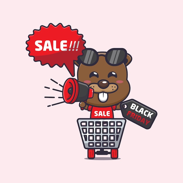 Cute beaver in black friday cartoon mascot illustration