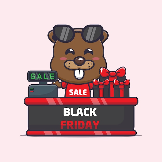 Cute beaver in black friday cartoon mascot illustration