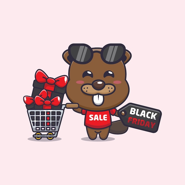 Cute beaver in black friday cartoon mascot illustration