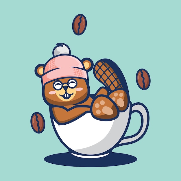 cute beaver in the cup coffee cartoon vector illustration