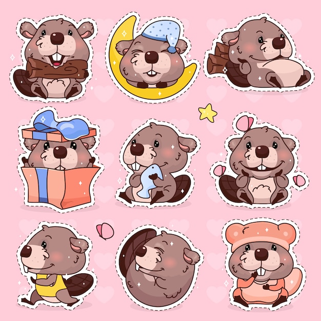 Cute beaver kawaii cartoon character set. Adorable, happy and funny animal mascot isolated stickers, patches pack, kids badges. Anime baby girl beaver emoji, emoticon on pink background