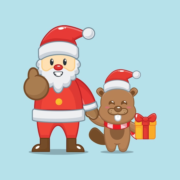 Cute beaver with santa claus in christmas day Cute christmas cartoon illustrationv