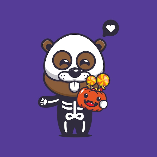 Cute beaver with skeleton costume holding halloween pumpkin. Cute halloween cartoon illustration.