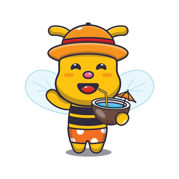 Cute bee cartoon mascot character drink fresh coconut