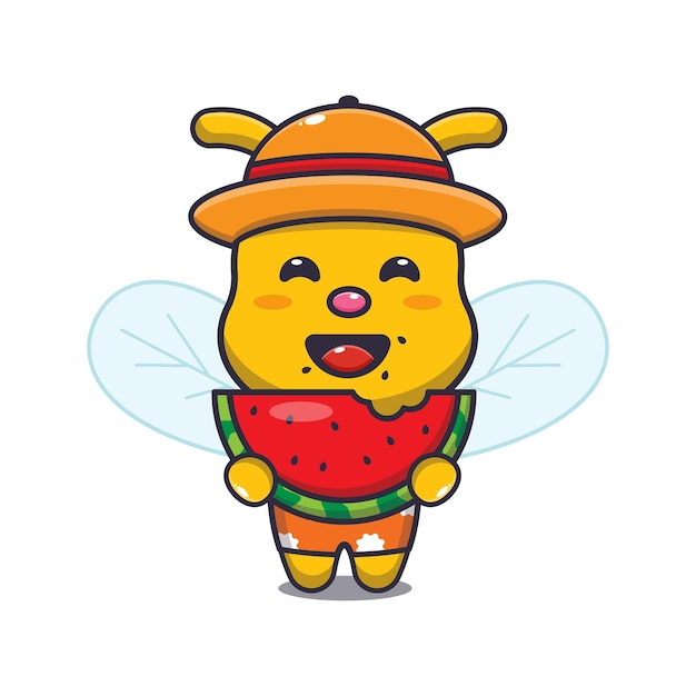 Cute bee cartoon mascot character eat fresh watermelon