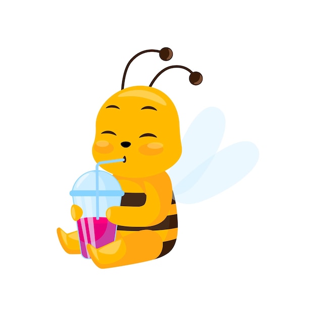 Cute bee drinking juice isolated on white background Smiling cartoon character sitting happy