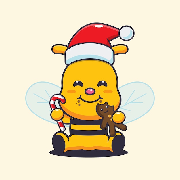 Cute bee  eating christmas cookies and candy. Cute christmas cartoon illustration.