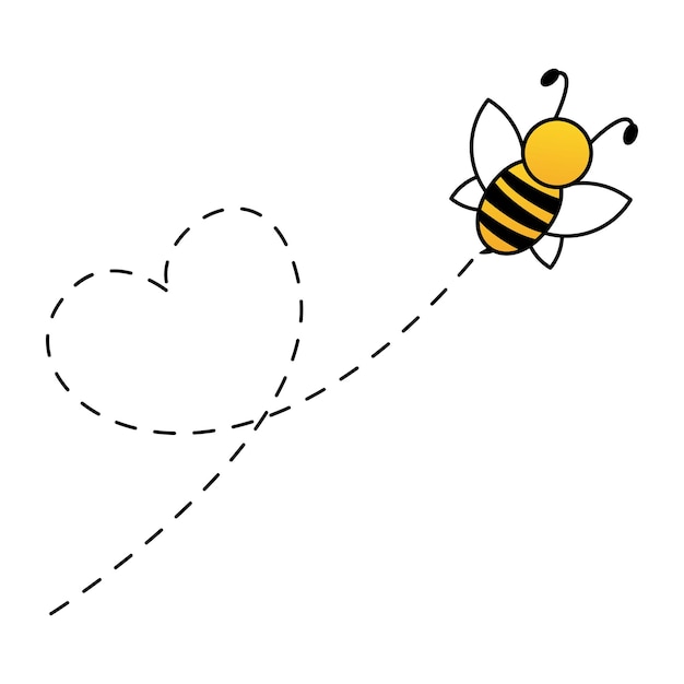 Cute bee flying. Heart dotted lines path.