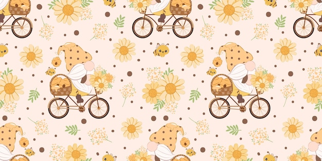 Cute Bee Gnome Themed Seamless Pattern