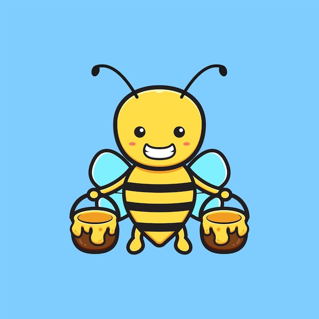 Cute bee holding jar of honey cartoon icon illustration. Design isolated flat cartoon style