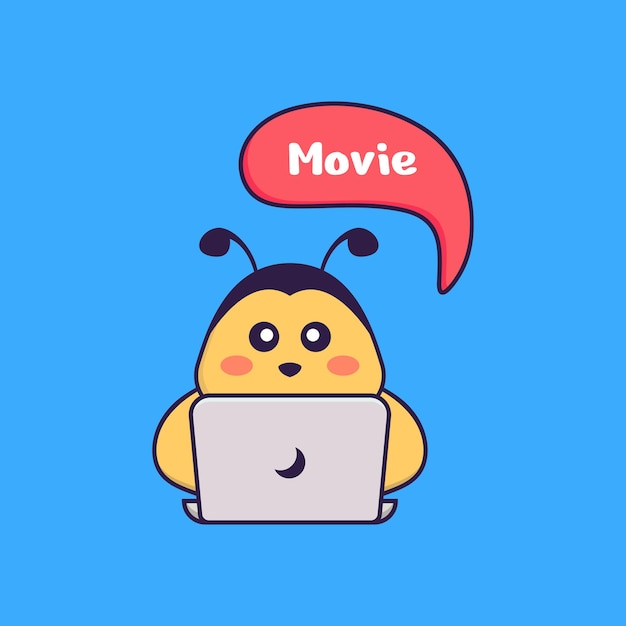 Cute bee is watching a movie. Animal cartoon concept isolated. Flat Cartoon Style