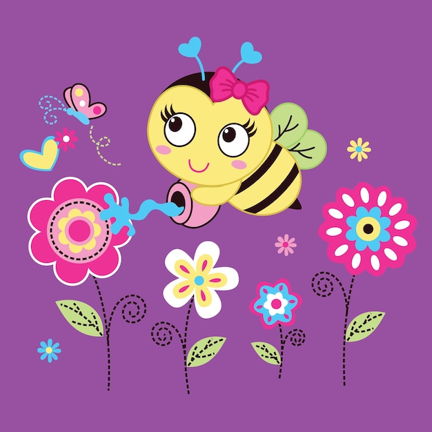 Cute bee on nature background with flowers vector