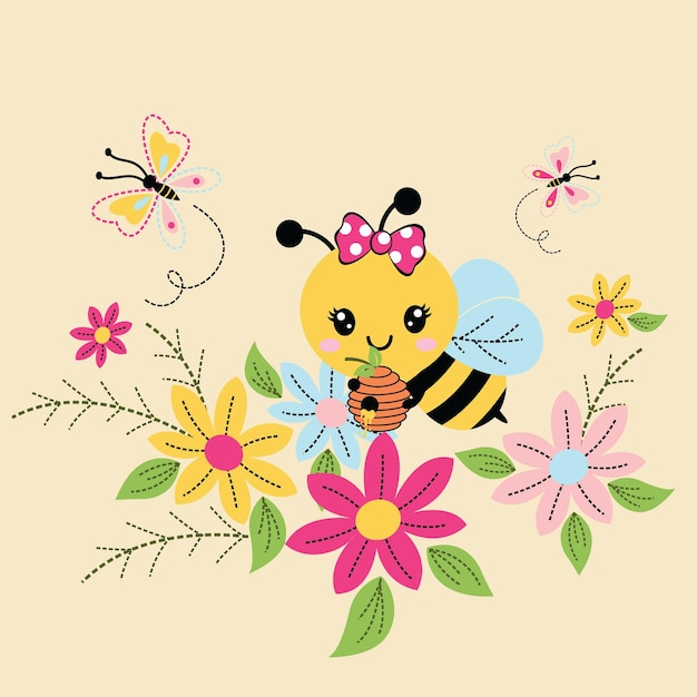 Cute bee on nature background with flowers vector