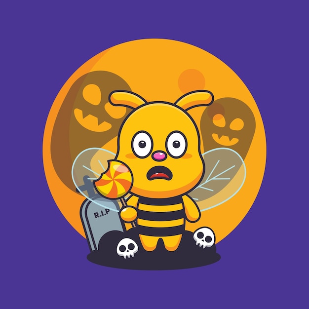 Cute bee scared by ghost in halloween day. Cute halloween cartoon illustration.