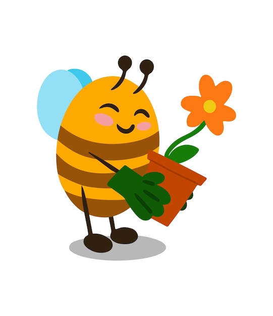 Cute bee with flower in pot Vector illustration isolated on white background Design element