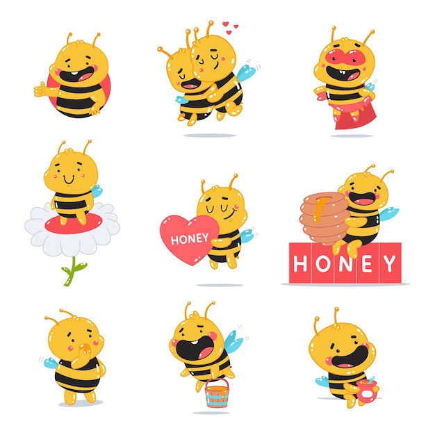 Cute bee with honey cartoon characters set isolated on a white background.