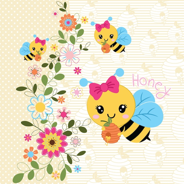 cute bee with sweet honey vector illustration