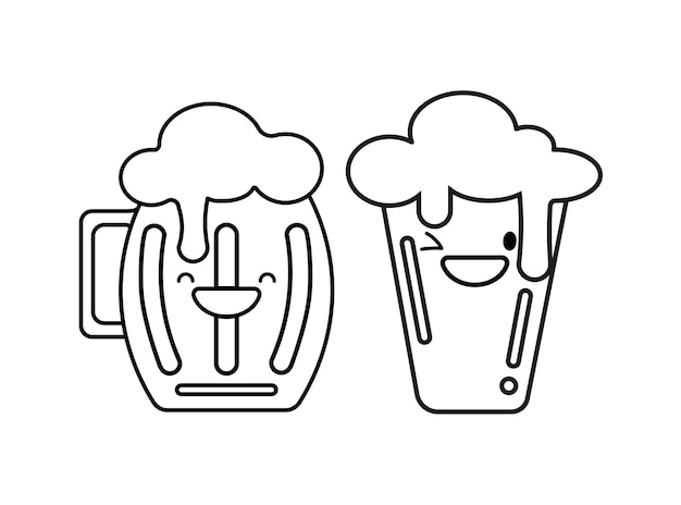 Cute beer glasse and mug icon isolated on white background Beer Symbol Kawaii outline style