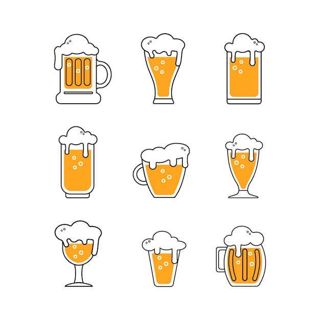 Cute beer glasses and mugs colored icon isolated on white background Beer Symbol Vector Design Illustration Outline style