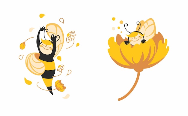 Cute bees and tulip kids illustration Vector