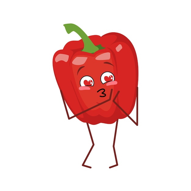 Cute bell pepper character falls in love with eyes hearts isolated on white background. The funny or sad hero, red vegetable. Vector flat illustration