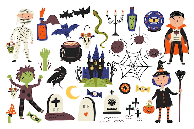 Cute big Halloween set of characters and items