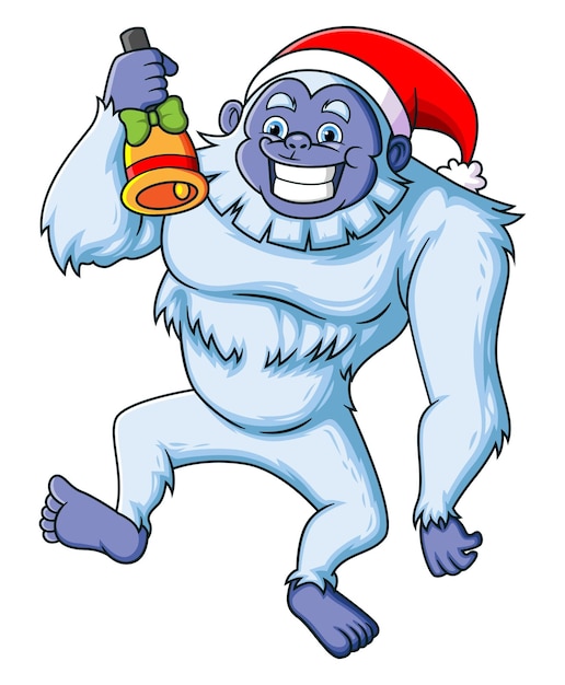 The cute big yeti is playing with the christmas bell and smiling with the happy expression