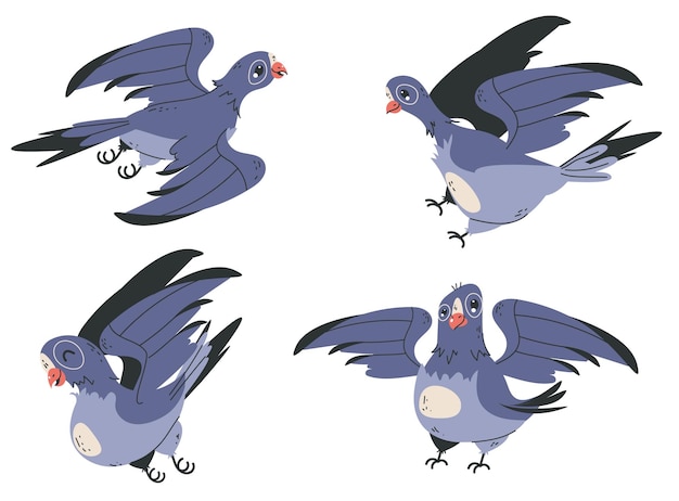 Cute bird animal fly in sky. Flying action animation steps concept set