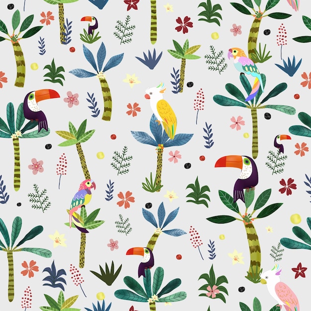 Cute bird in botanical tropical forest seamless pattern.