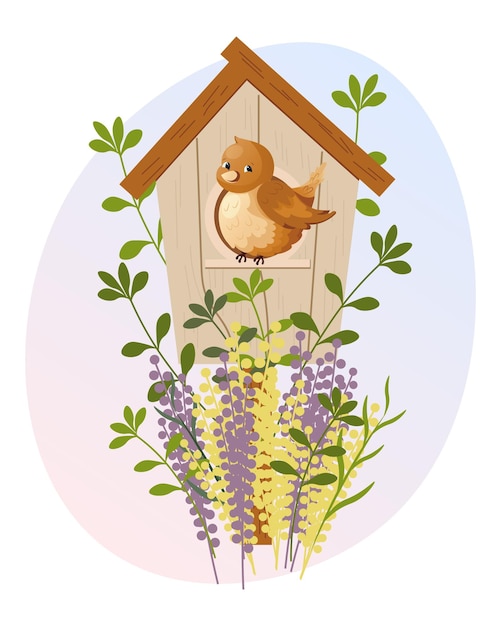 Cute bird character in a wooden birdhouse with flowers. Spring illustration, childrens print