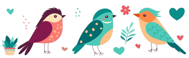 Cute bird on flower background in flat style on white background