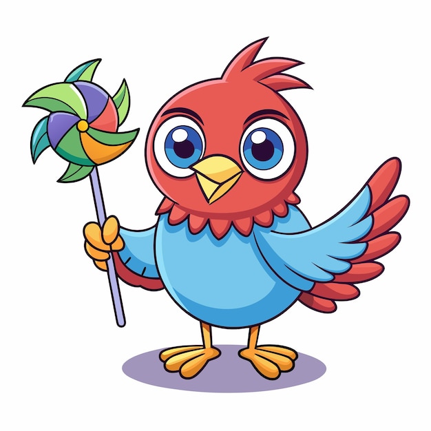 Cute Bird Holding Spinning Toy Pinwheel Cartoon Vector Illustration