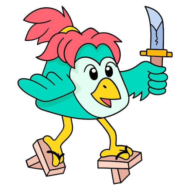 Cute bird pretending to be a samurai with a sharp sword doodle icon image kawaii