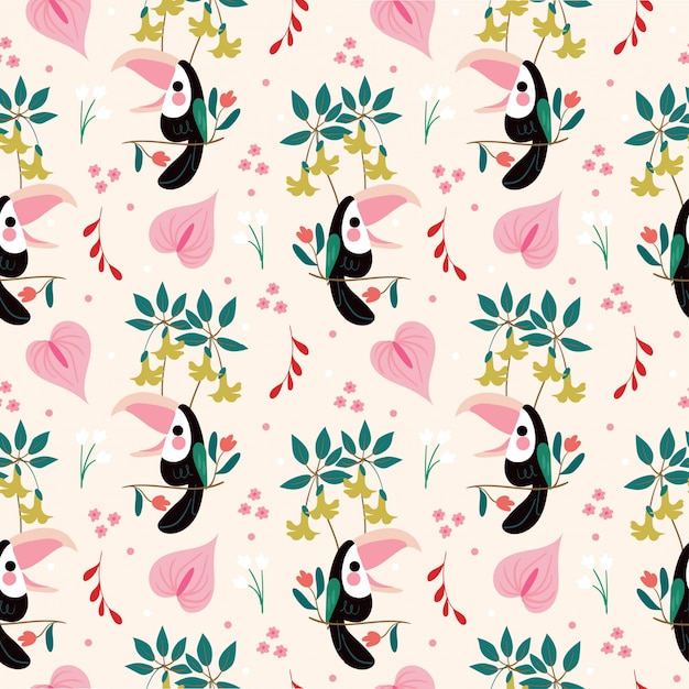 Cute bird and variety Amazon flower seamless pattern