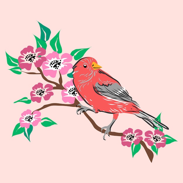 Cute bird with flowers hand drawing vector illustration in boho style