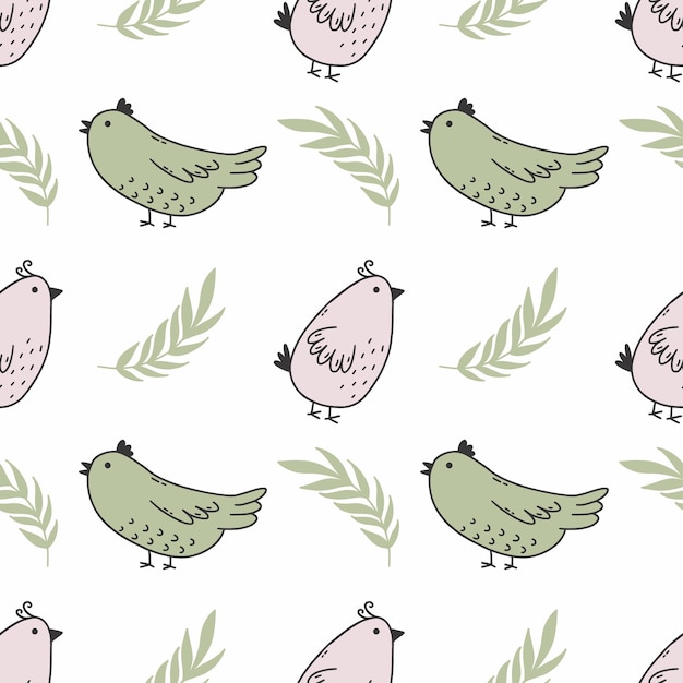 Cute bird with green branch Seamless background for sewing children clothes Printing on fabric and wrapping paper Pattern to nursery