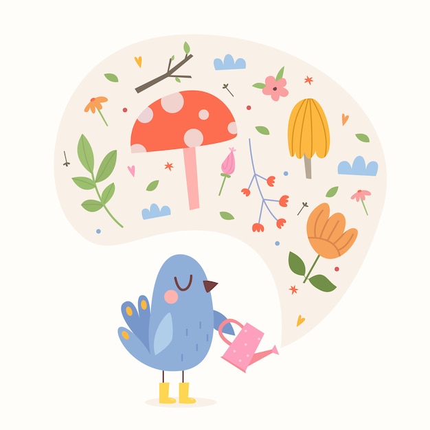 Cute bird with watering can