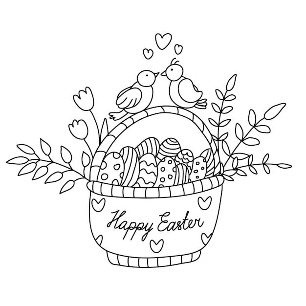 Cute birds on Easter basket with twigs flowers and eggs Doodle style Black outline